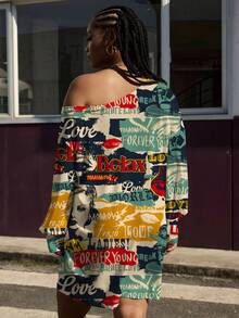 Slaydiva Casual Vintage Poster Graphic Print Plus Size Women Shoulder Strap Dress, Streetwear, Y2K All Over Print Dress Graphic Dress Women Dress Fashion Dress - Multicolor - View 6