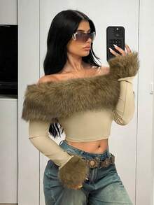 SHEIN ICON Women's Solid Color Fitted Off Shoulder Faux Fur Trim Long Sleeve T-Shirt - Khaki - View 2
