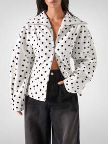 LYSMO Áo khoác dài tay nữ mùa đông tối giản họa tiết chấm bi đen trắng, khóa kéo, kiểu dáng thường ngày, mẫu mới 2025, thích hợp cho đi chơi, phong cách đường phố và diện trong mùa đông, đón năm mới hoặc Giáng sinh. - Đen và trắng - Xem 7