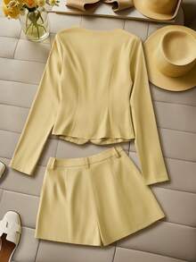 SHEIN Franclia Bộ 2 món áo dài tay và quần short tối giản màu trơn dành cho nữ, trang phục thường ngày - Màu vàng ngỗng - Xem 2