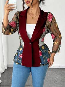 Elenzga Blazer élégant pour femmes grandes tailles avec patchwork en maille à broderie florale sur le col