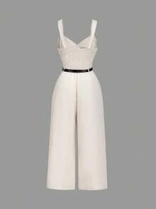 SHEIN MOD Combinaison grande taille style cache-cœur abricot, combinaison avec ceinture décorative, combinaison élégante pour le travail - Nude - Voir 2