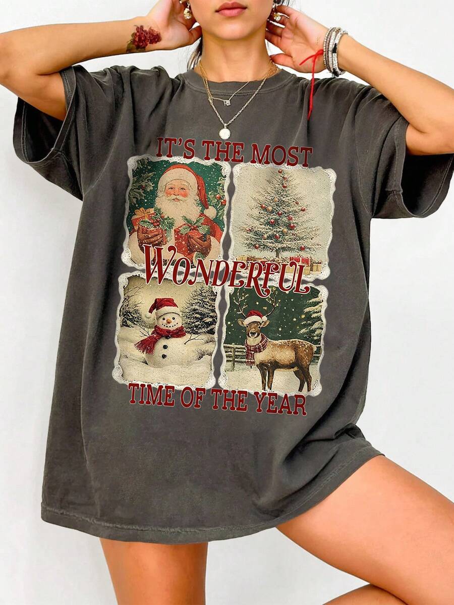 EMERY ROSE Áo thun cổ tròn tay ngắn dáng rộng cỡ lớn in hình ông già Noel và người tuyết cổ điển dành cho nữ - Màu xám đen - Xem 1