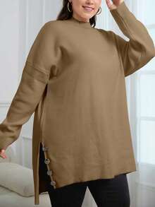 EURMUSE Plus Size Solid Color Drop-Shoulder Slit Side Casual Sweater, Autumn/Winter - Beige - View 1
