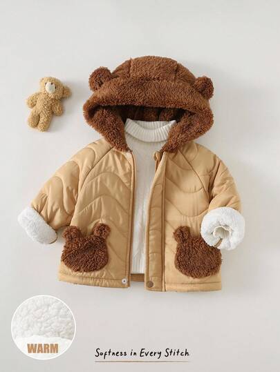 Cozy Pixies Baby Boy Cartoon Bear Pattern Contrast Color Hooded Winter Coat, Versatile & Comfortable For Indoor, Outdoor Casual, Skiing, Back To School, Daily Wear, Sports, Play, Party