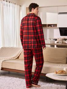 CoupledUp 男士休闲翻领格子印花长袖睡衣套装，秋冬季服装