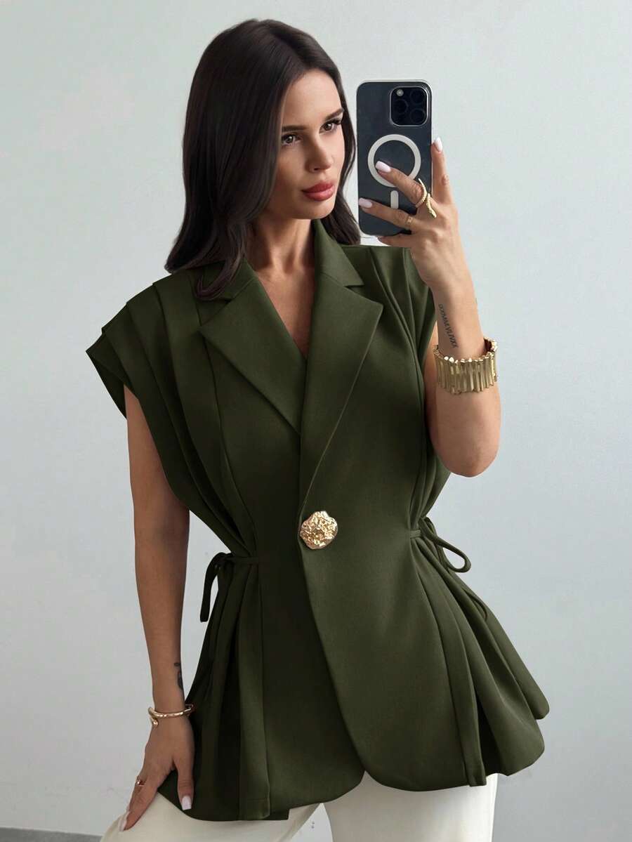 Firerie Ladies New Casual Elegant Versatile Metal Button Linen Olive Thin Suit Jacket/Imitation Linen Suit Jacket/Pleated Tie Top/Business Casual Woman/Teacher Outfits For Women/Vintage Clothes Women/, Office Outfits For Women In Fall/Winter