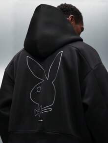 PLAYBOY X SUMWON Boxy Fit Essentials Zip Up Hoodie With Centre Pocket And Drawstring - Black - View 5