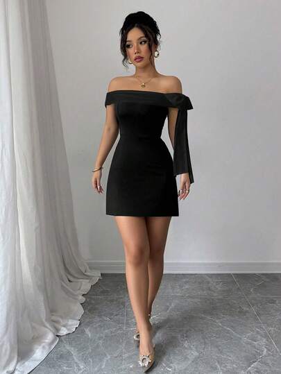 Rafferiza 1 pieza Vestido largo elegante de hombros descubiertos para mujer, negro
