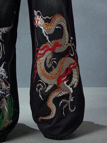 ROMWE MEN Anime Quần jean ống rộng dáng rộng thêu rồng Trung Quốc cho nam - màu đen - Xem 8