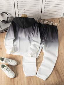 2件套青少年男孩休闲渐变色字母印花连帽衫和运动裤套装，秋冬 - 黑色 - 查看 2