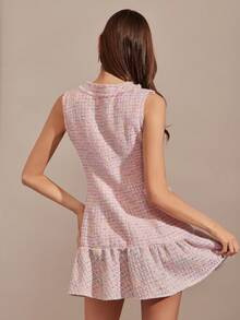 Romantic Pink Floral Tweed Dress With Tassels And Delicate Pearl Button Embellishments Is A Cute, Sleeveless Princess-Style Mini Dress Perfect For Autumn And Winter. Stylish And Elegant, It's Suitable For Parties, Dates, Holidays, Graduations, The Office, Outings, Halloween, Christmas, And Other Occasions. Also Suitable For Autumn Women's Wear, Autumn Outfits, Autumn Suits, Carnivals, And New Year's Women's Wear. - Pink - View 7