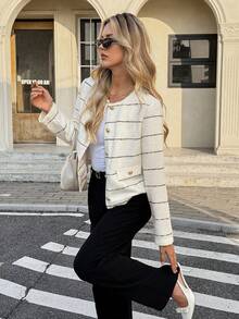 SHEIN Frenchy 黑白條紋秋季優雅辦公百搭長袖羊毛混紡女款大衣，適合通勤，冬季新年穿搭 - 黑與白 - 查看 5