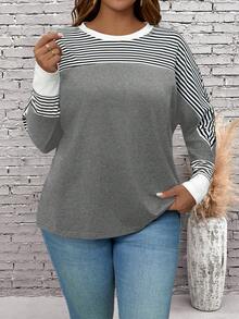 EMERY ROSE Plus Size Casual Loose Fit Round Neck Striped Batwing Long Sleeve T-Shirt - Grey - View 5