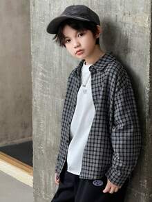 DAZY 青少年男孩格子落肩长袖单排扣休闲衬衫，秋季