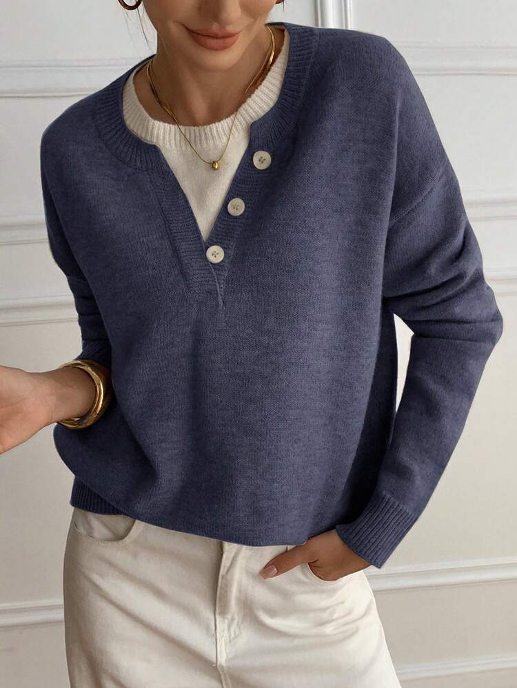 Casual Color Block Henley Neck Pullover, Soft Knit 2 In 1 Sweater For Women