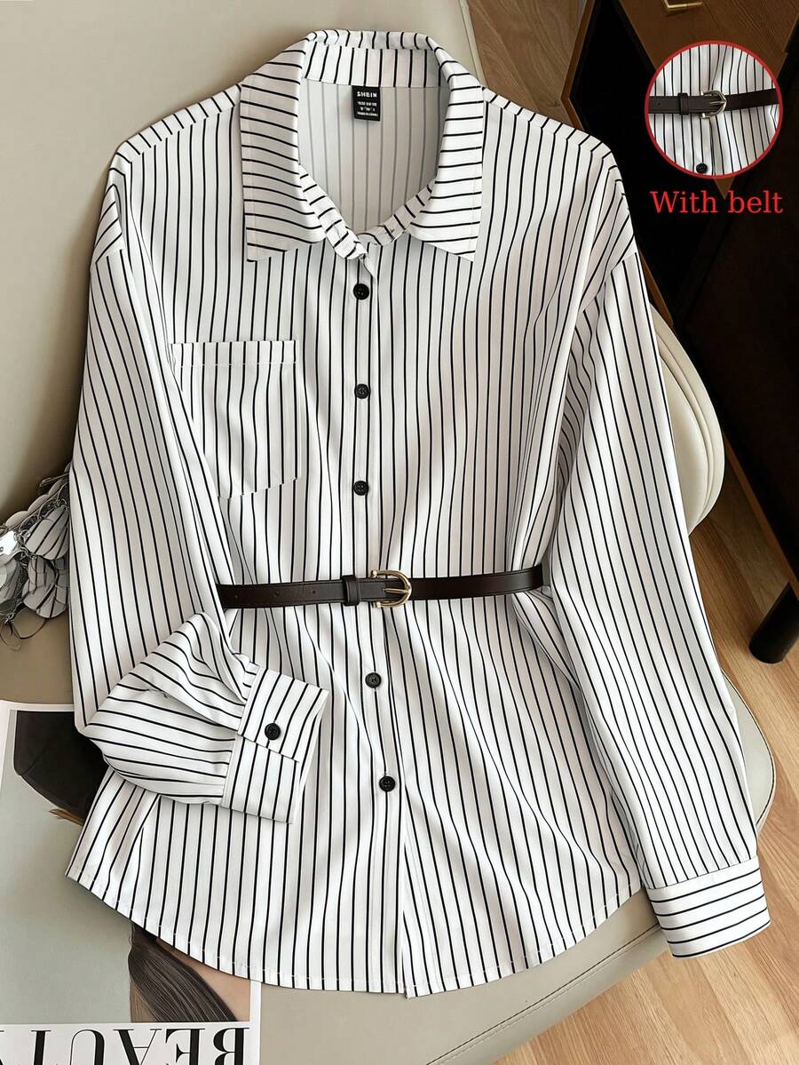 Franclia Women's Elegant Fashionable And Simple Casual Commuting Wear Inner And Outer Wear Black And White Shirt With Striped Fabric And Belt, Women's Elegant Casual New Year's Blouse