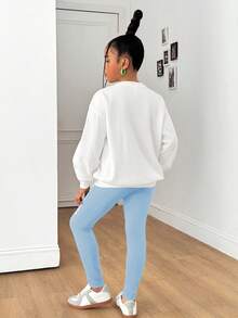 2pcs Tween Girl Letter Print Knit Sweatshirt And Knit Leggings Set, Casual Graphic Fashion Everyday Versatile School White Autumn - Blue - View 2