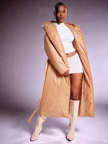 Denimoi 超大风帽束带羽绒裹身大衣 - 卡其色 - 查看 4