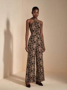 JIAN LASALA Tie-Dyed Rib Knit Halter Cross Neck Tie Backless Flared-Leg Jumpsuit Women Autumn Winter Luxury Stylish Clothing Collection Elegant Graphic Jumpsuit - Multicolor - View 4