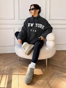 SHEIN EZwear Damen Lässig Woll-gefütterter Hoodie mit Reißverschluss und Buchstaben-Muster sowie Hose Set, Grau, Herbst/Winter Hoodie und Jogginghose Set, Homewear & Workwear Y2K dickes Fleece 2-teiliges Outfit, Damen New York Bekleidung, Damen bequeme Kleidung