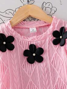 SHEIN Elladie kids 女童可爱黑色碎花装饰白色长袖圆领打底衫搭配黑色百褶舒适迷你裙T恤套装 - 粉色 - 查看 6