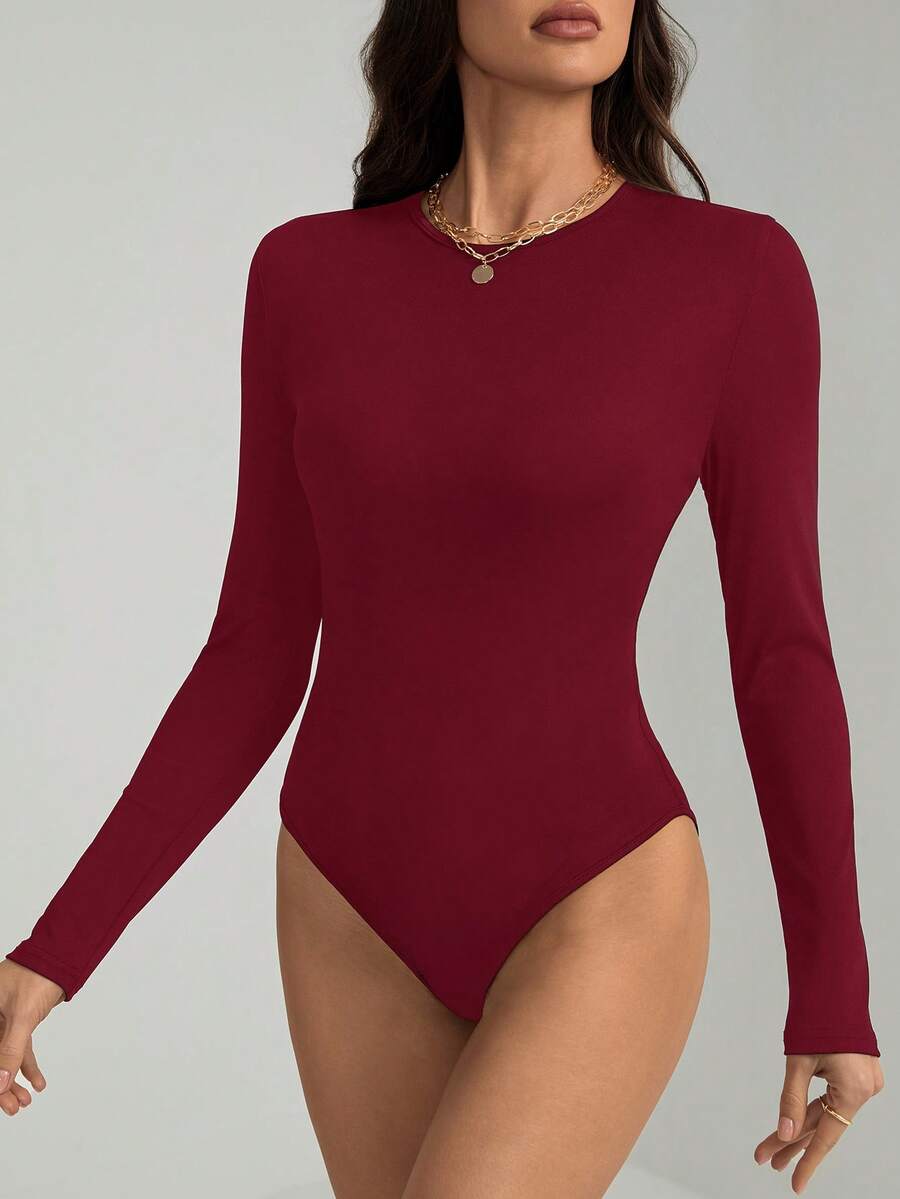 SHEIN Tall 女款純色極簡日常圓領長袖連身衣,秋季 - 酒紅色 - 查看 1