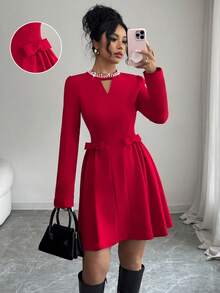 Elenzga 女士秋冬针织弹力修身圆领镂空铆钉珍珠肩长袖褶饰A字蝴蝶结派对时尚节日圣诞节优雅迷你连衣裙 - 紅色 - 查看 3