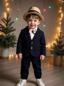 SHEIN 3pcs Baby Boy Gentleman Outfit Set: 2-In-1 Shirt Collar Blazer Jacket With Bow Tie + Pants Set, Suitable For Birthday Party, Christmas Party, Christening, 1st Birthday, Formal Occasion, New Year, Performance, And Wedding - Black - View 7