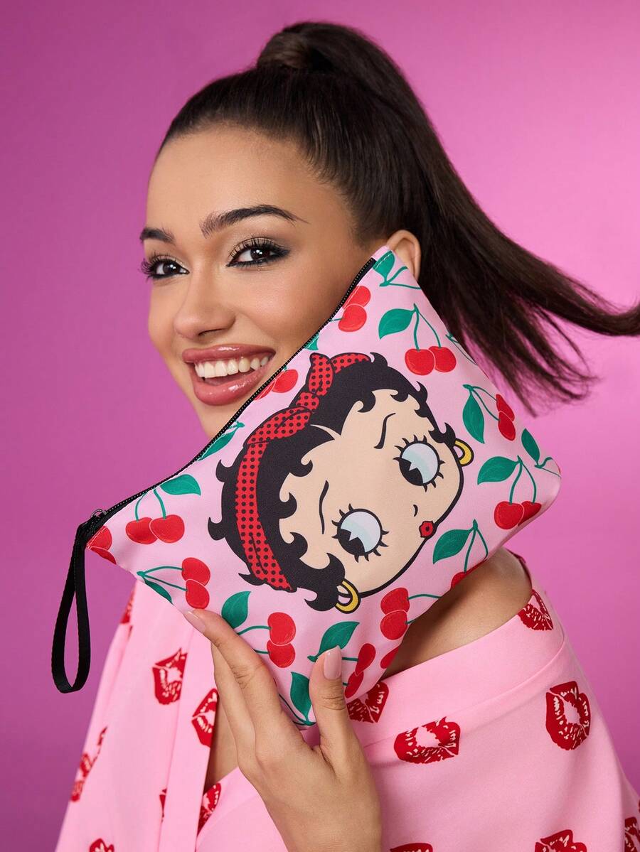 Betty Boop x SHEIN 1个卡通图案印花轻质涤纶纤维化妆包,适合收纳化妆品、文具、日用品、数码产品,非常适合通勤、上学、旅行,男女老少皆宜,学生适用,趣味十足,樱桃图案,是送礼佳品,也适合派对、节日、情人节等场合。 - 彩色 - 查看 1