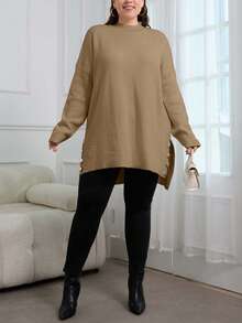 EURMUSE Plus Size Solid Color Drop-Shoulder Slit Side Casual Sweater, Autumn/Winter - Beige - View 6