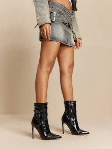 Daringsoles 女式尖头扣环设计闪亮尖头细高跟中筒靴 - 黑色 - 查看 7
