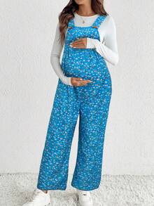 SHEIN Fall Clothes,Autumn Clothes,Materity Autumn Clothes Maternity Maternity Casual Vacation Style Ditsy Floral Slant Pocket Lightweight Bib Overall Pants - Blue - View 5