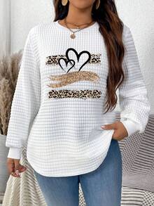EMERY ROSE Autumn/Winter Glitter Heart Plaid Round Neck Casual White Comfortable Sweatshirt With Curved Hemline And Side Slits Graphic Sweatshirts,Casual - Multicolor - View 4