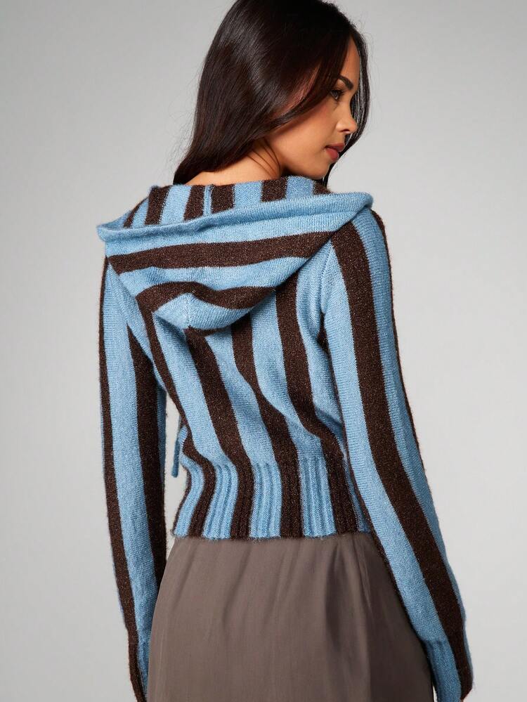 MISSGUIDED Hooded Zip Up Cable Knit Striped Cardigan With Long Sleeves Fall Winter Layering Sweater