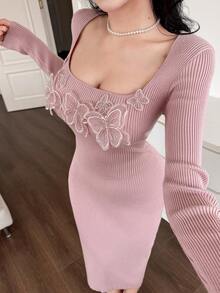 DAZY 女士优雅方领3D蝴蝶针织毛衣裙，秋季 - 粉色 - 查看 1