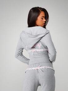Missguided x Playboy 罗纹连帽拉链上衣，蕾丝边细节，打造日常休闲舒适感 - 淺灰色 - 查看 2