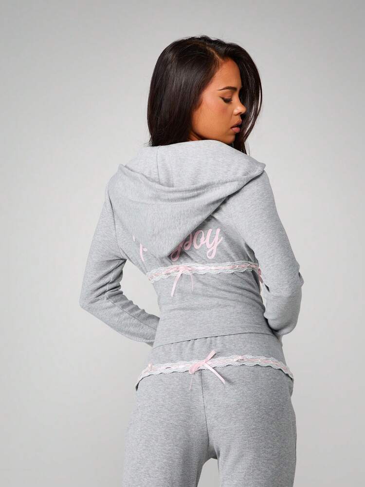 Missguided x Playboy Ribbed Hooded Zip Through Top With Lace Trim Detail For Casual Everyday Comfort