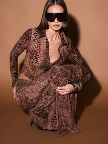 KIZN Crocodile Print Maxi Skirt With Front Drape Detail Long Bodycon Skirt For Evening Party Club Wear