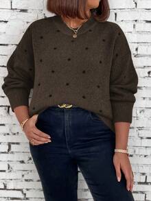 EMERY ROSE Plus Size Casual Polka Dot Pattern Round Neck Drop Shoulder Sweater, Autumn/Winter - Multicolor - View 3