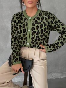 SHEIN Tall 女款豹紋圓領長袖休閒針織開襟衫，秋冬款，適合高個女性 - 軍綠色 - 查看 4