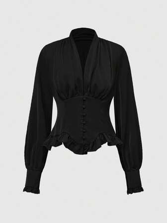 Goth Blusa vintage de estilo gótico palaciego con volantes y dobladillo con volantes de manga larga y unicolor, para Halloween