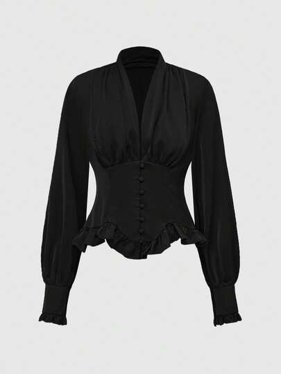 Goth Femmes Blouse vintage de style gothique de palais à manches longues, volants et ourlet à volants de couleur unie, Halloween