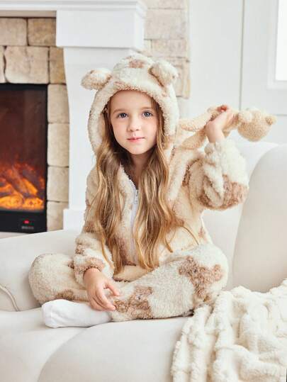 2 件 FamilyFrolics 毛绒熊耳朵装饰儿童睡衣，舒适柔软，适合小女孩，秋季