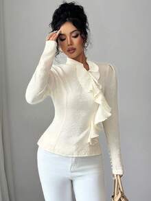 SHEIN Elenzya Elegant Women's White Long Sleeve Blouse,Autumn Asymmetrical Collar Puff Sleeve Ruffle Blouse For Tea Party,Princess Style Casual Commute Date Wear - Apricot - View 3