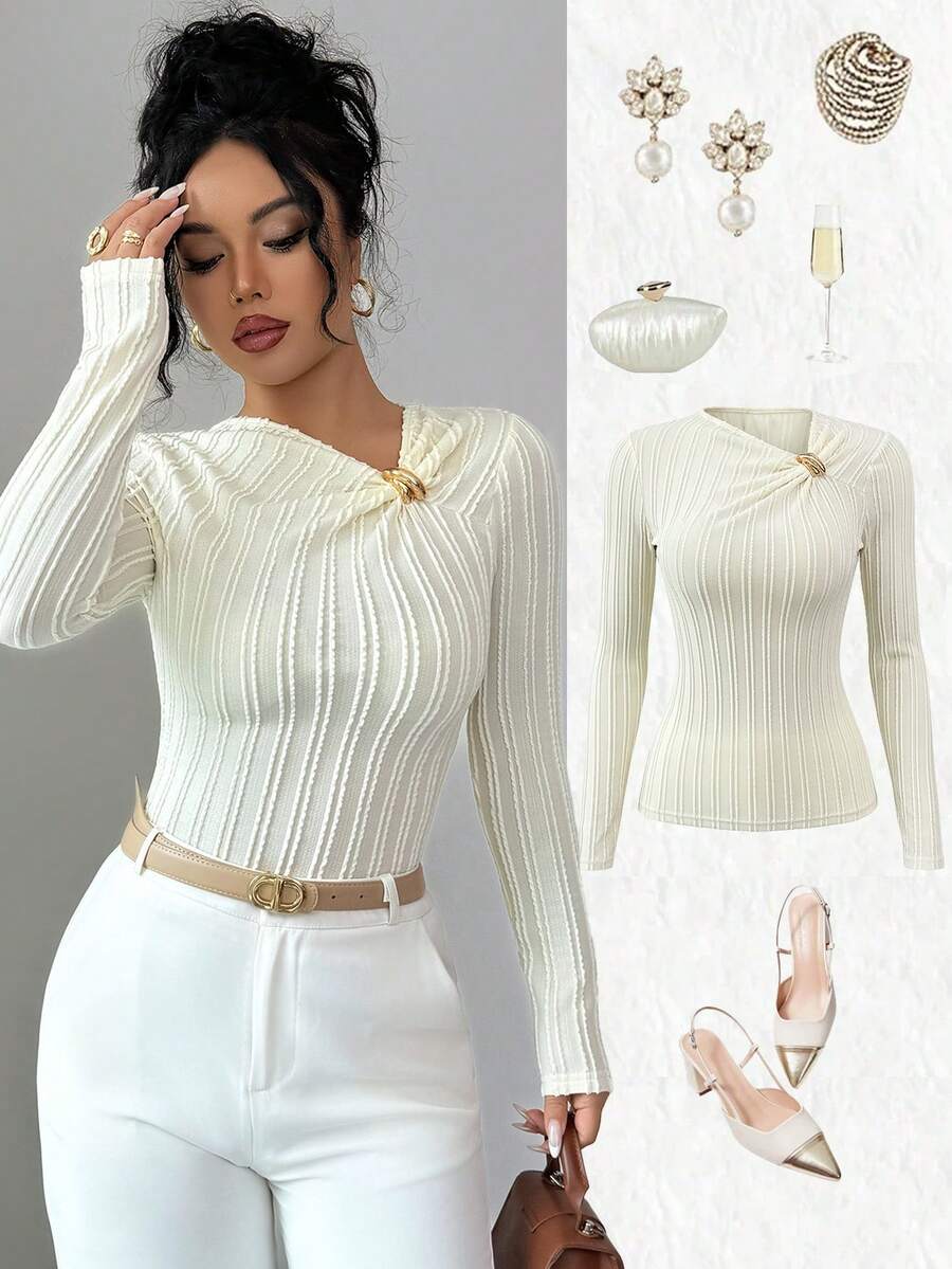 SHEIN Elenzya 女士纯色提花纹理面料不规则金属纽扣斜V领收腰性感设计感高端优雅百搭返校派对单品独立日长袖T恤 - 淡黃色 - 查看 1