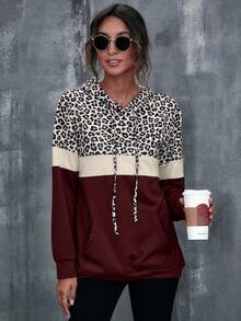 EMERY ROSE Áo sweatshirt nữ kiểu dáng thường ngày họa tiết da báo phối nhiều mảnh, áo sweatshirt nữ họa tiết báo đốm mùa thu. - Màu Đỏ Sâu - Xem 5
