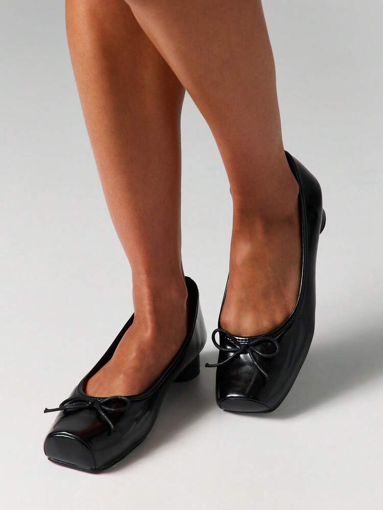 MISSGUIDED Elegant Low Block Heel Ballet Pumps With Bow Detail Square Toe Slip On Dress Shoes For Office Work Business Professional Formal Occasions