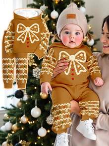 SHEIN 圣诞焦糖饼干图案休闲宽松舒适针织柔软连帽衫和裤子套装，适合秋冬季、街头风格和家居服 - 彩色 - 查看 1