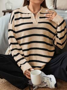 Sunspun Plus Size Women Casual Striped V-Neck Loose Pullover Sweater, Suitable For Daily Commute, Autumn/Winter - Apricot - View 1